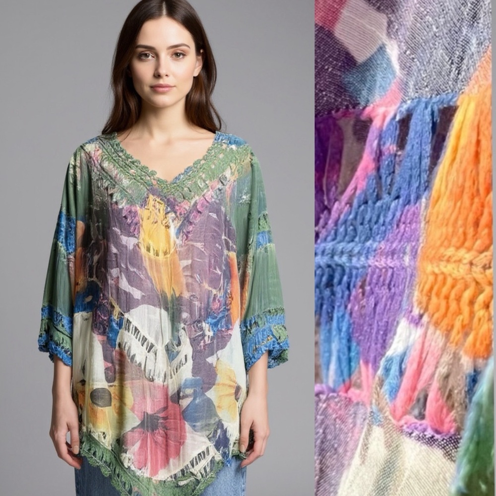 RAIN Crochet Trim Beachy Pastel Floral Tunic Blouse Pastel Bohemian Size Medium